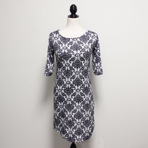 Lola Black White Damask Dress 3/4 Sleeve EUC
